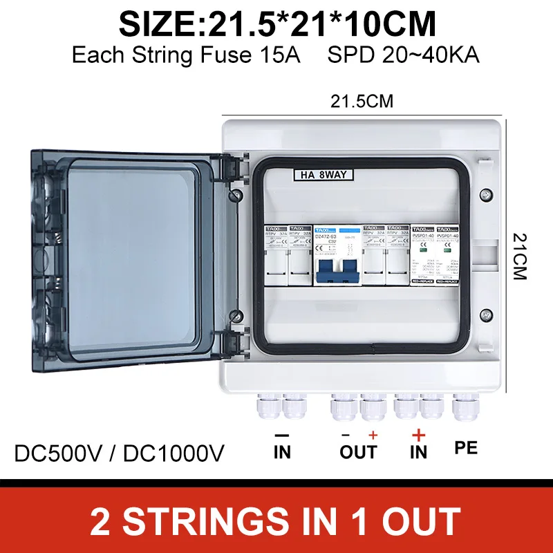 Solar PV combiner box 1 strings 2 trings with off grid solar energy DC circuit breaker DC surge protector device IP65 FUSE