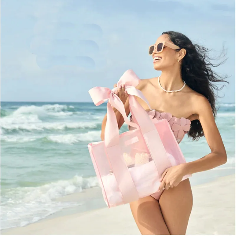 Canvas Tote Bag Summer Clear Pink Beach Bag Women Large Capacity 0.8MM PVC Handbag Bubble Soap Tote Bag with Bow
