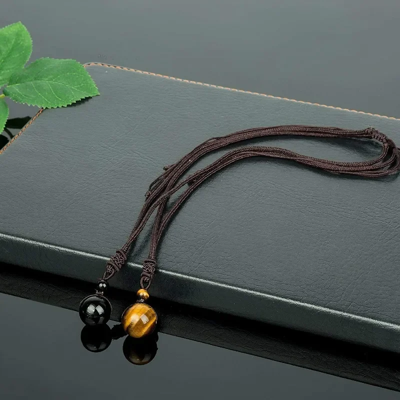 Pendant Necklace 14mm Tiger Eyes Obsidian Beads Natural Stone Pendant Adjustable Fashion Charm Jewellery Carved Amulet Gifts For Men Her Pendant Necklace Silver Necklace
