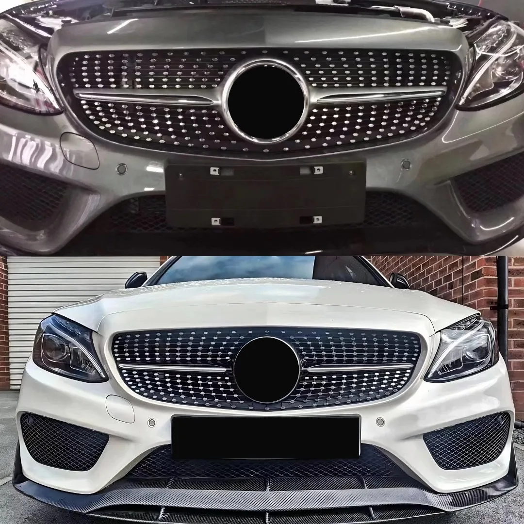 메르세데스 벤츠 C 클래스 W205 C205 S205 2014-2018 C250 C300 다이아몬드 스타일 업그레이드 인렛 메쉬 프론트 그릴 범퍼 그릴 개조