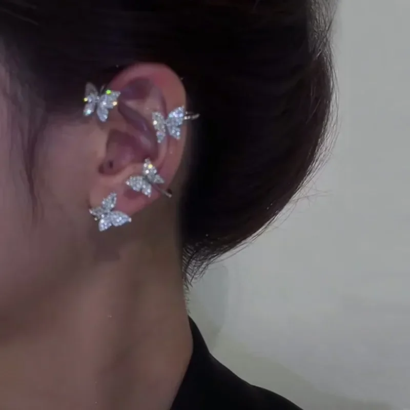 Silver Plated Metal Butterfly Ear Clips Without Piercing for Women Sparkling Zircon Ear Cuff Clip Earrings Wedding Jewelry ear clip earrings clip earrings ear clip ear accessories