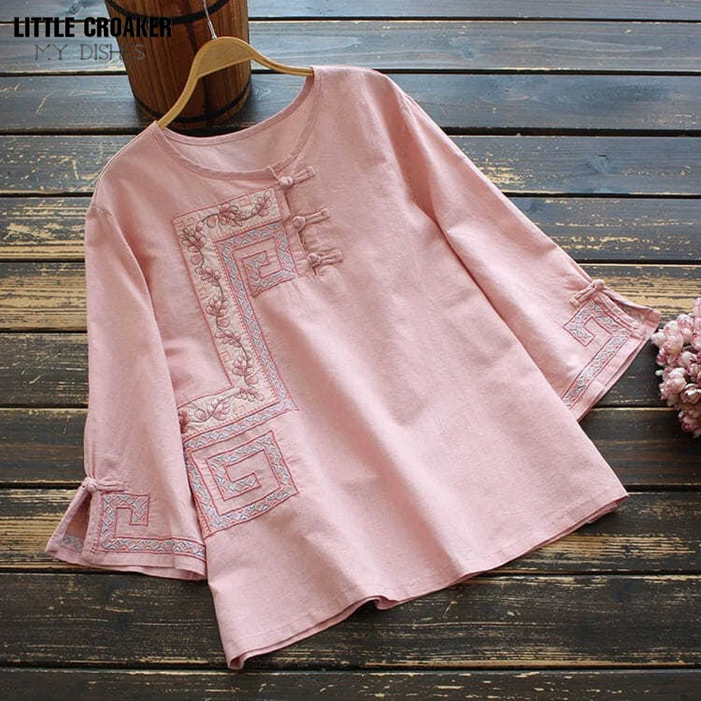 New Loose Large Shirt Women's Cotton Linen Shirt Retro National Style Top Round Neck Embroidered Chinese Traditional Blouse