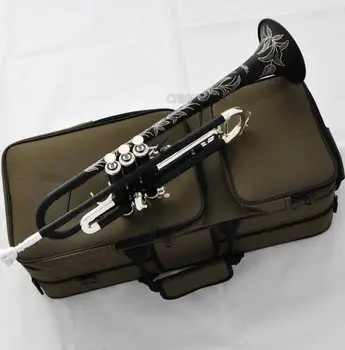 Matte Black Silver Trumpet horn Bb Keys Hand engraved bell New case