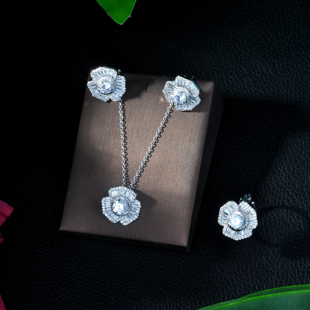 

Fashion Luxury Cubic Zirconia Necklace Bracelet Earring and Ring 4pcs Dubai Full Jewelry Set for Women,Bridal Dress Dinner N-222