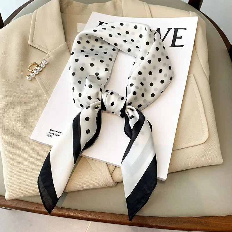 Retro Polka Dot Montage Silk Square Scarf Women Soft Satin Hairband Neckerchief Hijab Lady Headband Foulard Bag Ribbons Kerchief 1