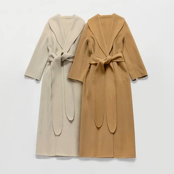 Giacca da donna autunno e inverno in stile accappatoio di lana double face con cintura di nicchia nordica 1