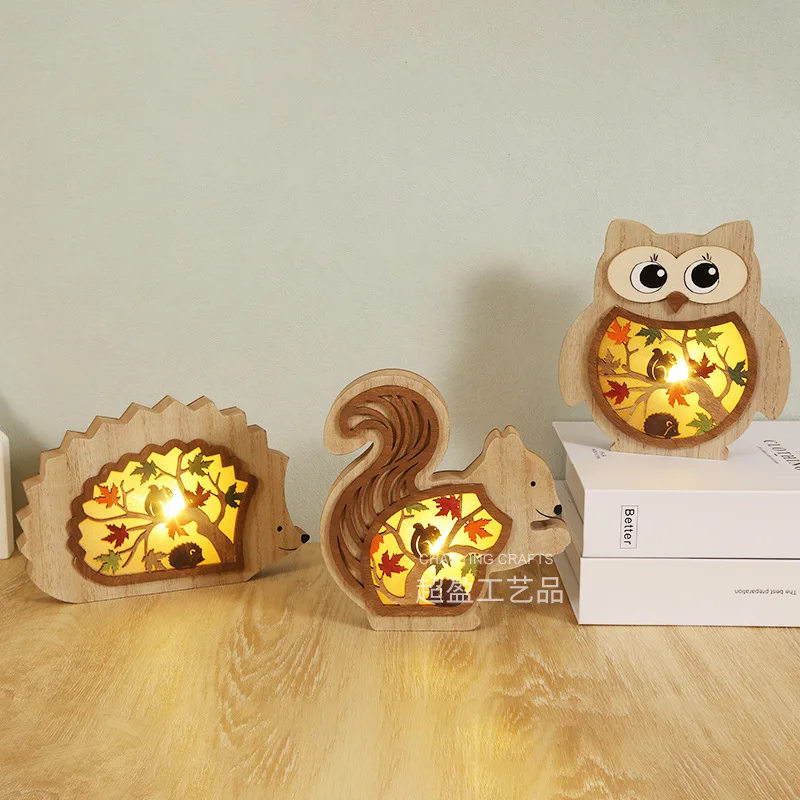 

Wooden crafts owl squirrel decorations Harvest festival party home decoration wood carvings shine