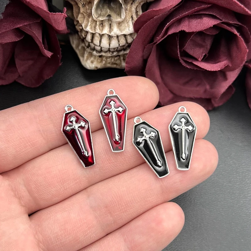 Enamel Halloween Charms 26*11mm Vampire Cross Coffin Pendants for Necklace Keychain Diy Jewelry Making Accessories 10pcs