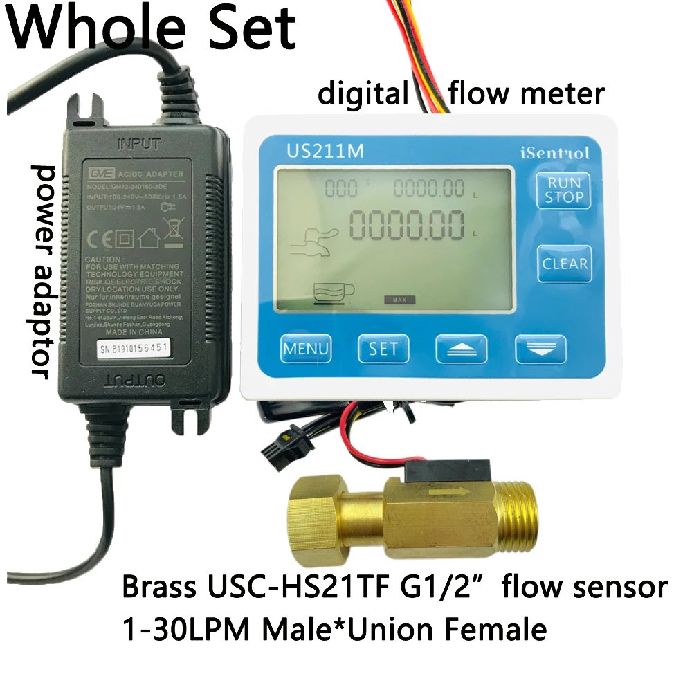 

US211M USC-HS21TF Water Flow Meter Digital Hall Water Flow Sensor Reader with Brass Union 1-30L/min hall water flowmeter turbine