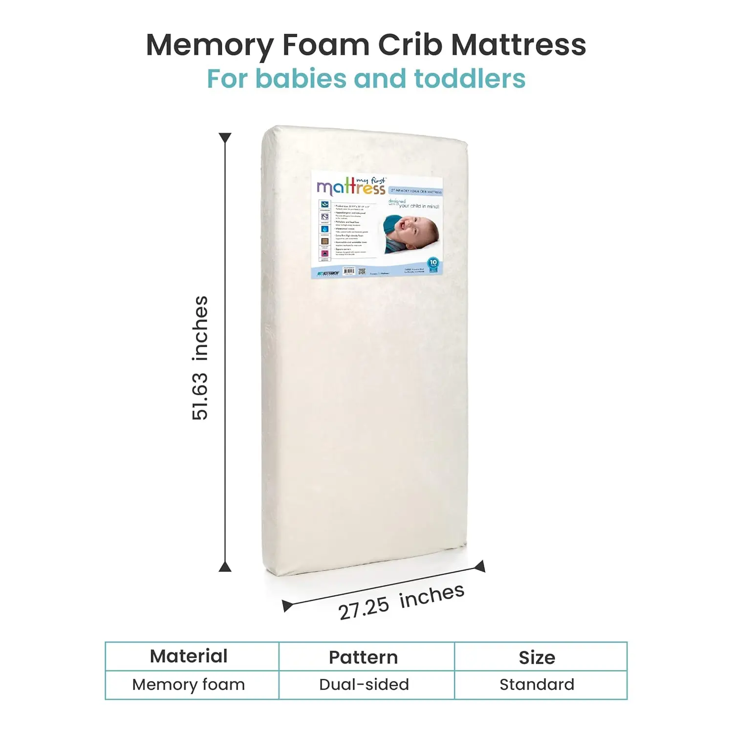 My  Foam Crib Mattress, Breathable Crib Mattress with Removable and Waterproof Cover, Hypoallergenic, Standard Size, 51.63" L x 2