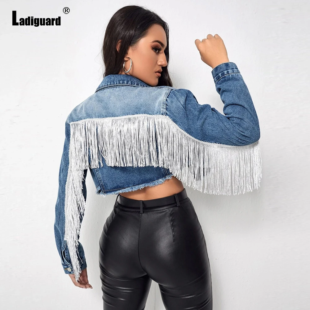 

2023 Single Breasted Demin Jacket Lepal Collar Tassel Jean Coats Female Short Top Outerwear Women's Street Pendant Denim Jackets