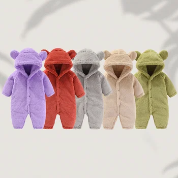2025 Autunno Neonato Caldo Pile Orso Orecchio Pagliaccetto Tuta Spessa Accogliente Multi-Colore Infantile Con Cappuccio Tuta Abbigliamento Per Bambini 1