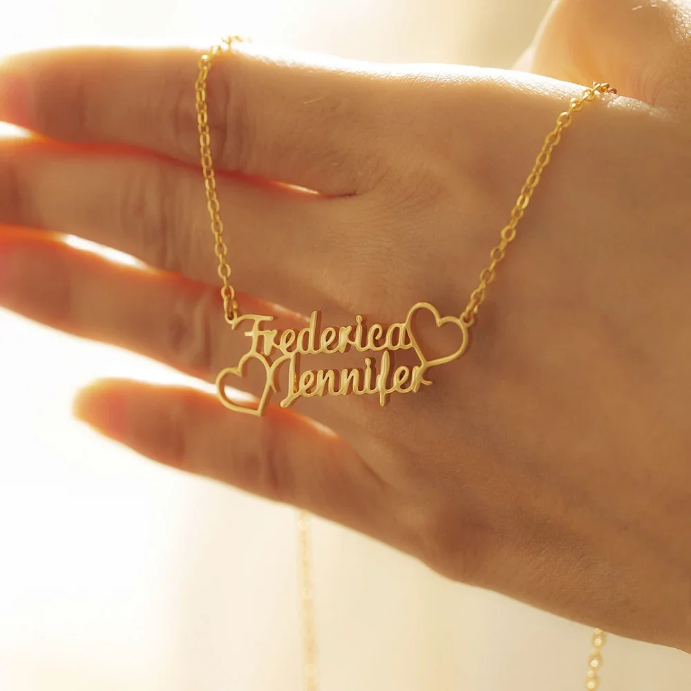 

Customized Personalized Name Necklace with Two Heart Custom Pendant Stainless Steel Nameplate JewelryGift for Women Couple