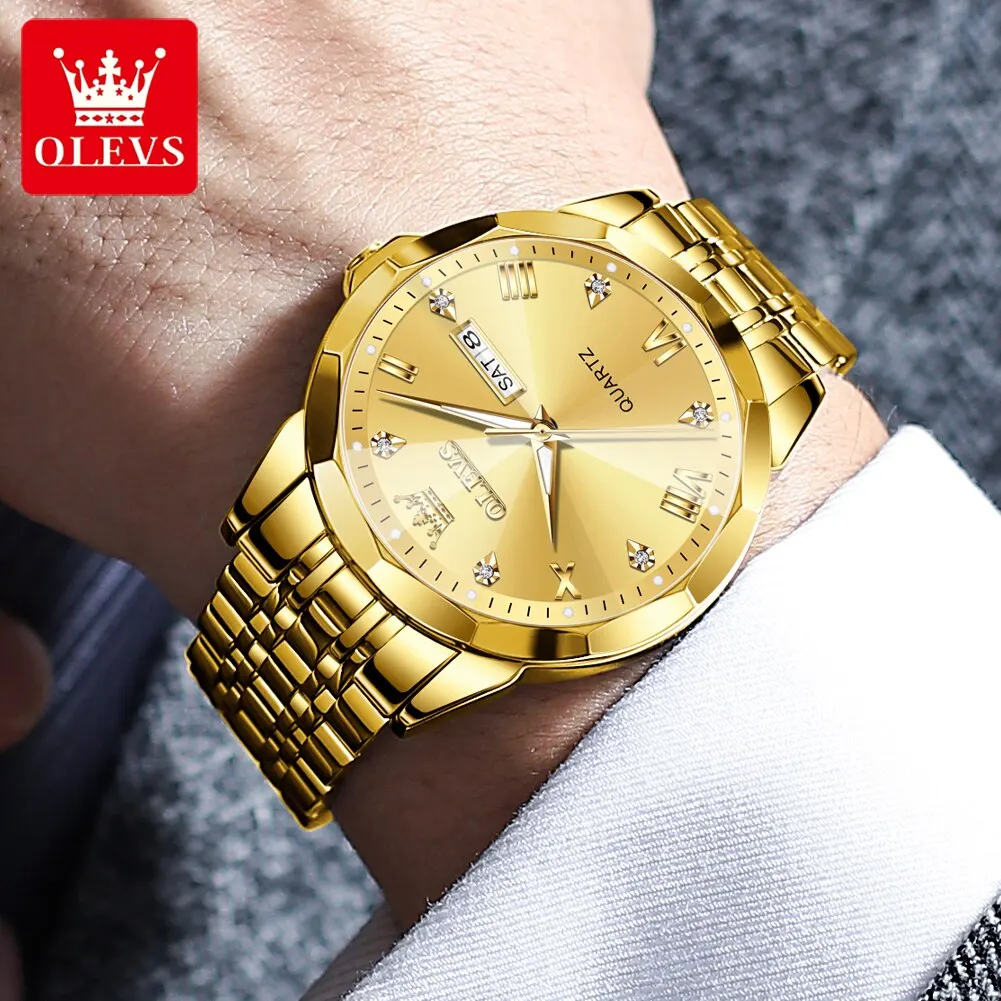 OLEVS Men's Watches Rhombus Mirror Original Quartz Watch for Man Waterproof Luminous Stainless Steel Wristwatch Male Date Week images - 6