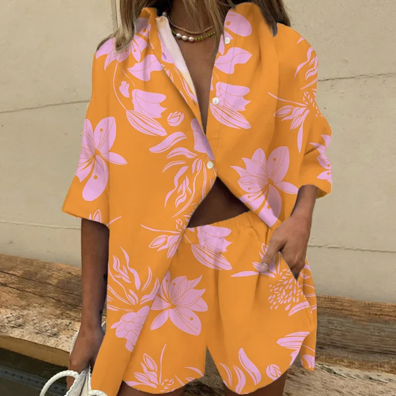 2 Pcs/Set Women Shirt Shorts Set Turn-down Collar Lapel Loose Casual Short Sleeve Single-breast Tops Pockets Shorts Set Outfits