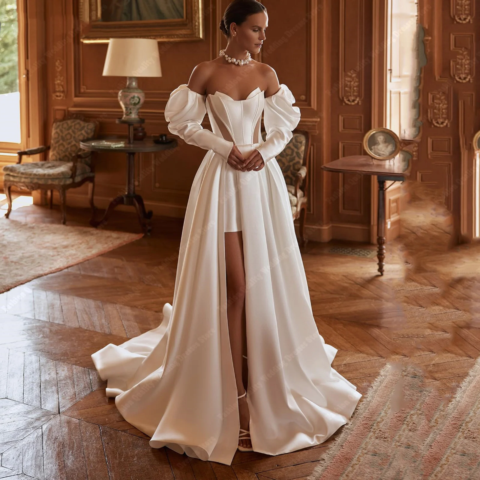 Elegant Shining Satin Wedding Dresses 2024 New High Fork A-Line Off The Shoulder Robes Party Fluffy Skirt Hem Vestidos De Novia aedmgh a line matte satin wedding dresses 2022 one shoulder sleeveless robe de mariee elegant boho flowers vestido de novia