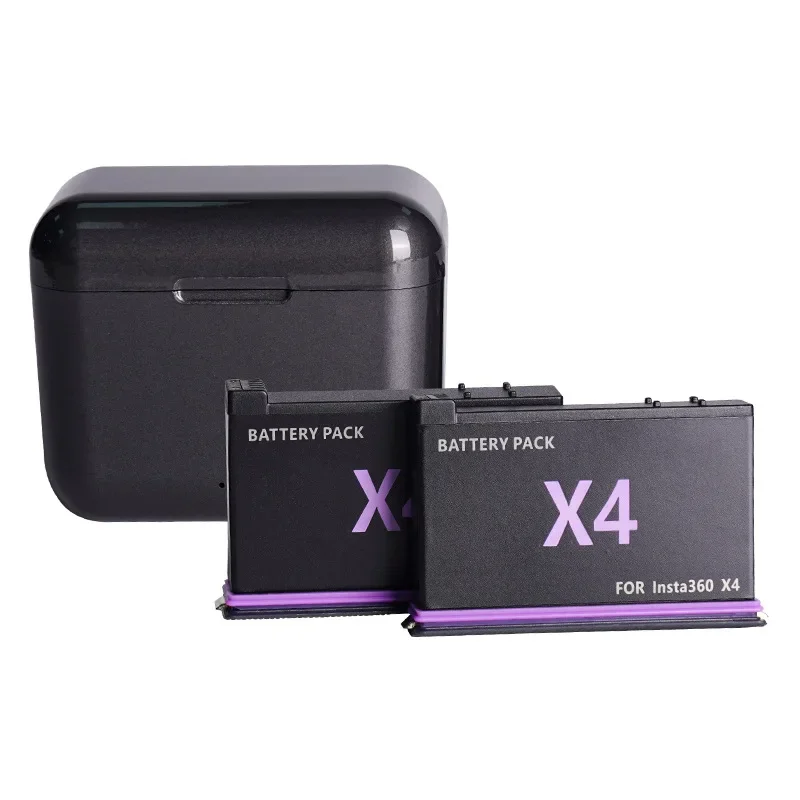 Chargeur double pour caméra 360° avec deux batteries insérées, câble USB branché.