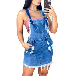 Fashion Sexy Suspender Jean Skirts Aesthetics Denim Ripped  Tassels Mini Skirts With Pockets Outfits Shoulder Strap Pencil Skirt