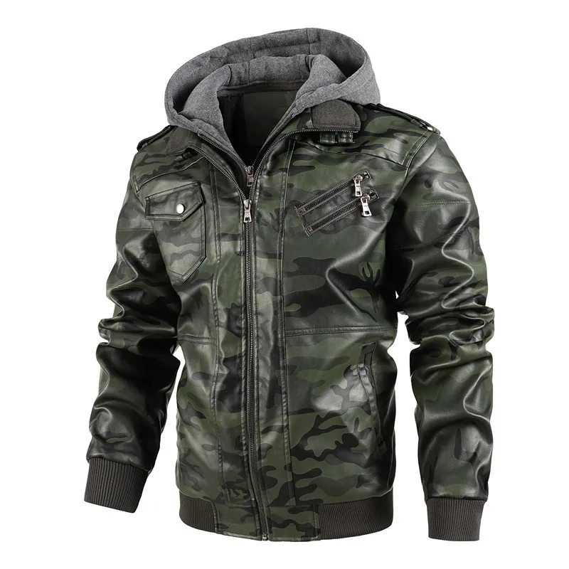 2023 New Men's Hooded Leather Jacket Slim Fit Casual Leather Coat New Fashion Men's Street Wear Motorcycle Leather Jacket
