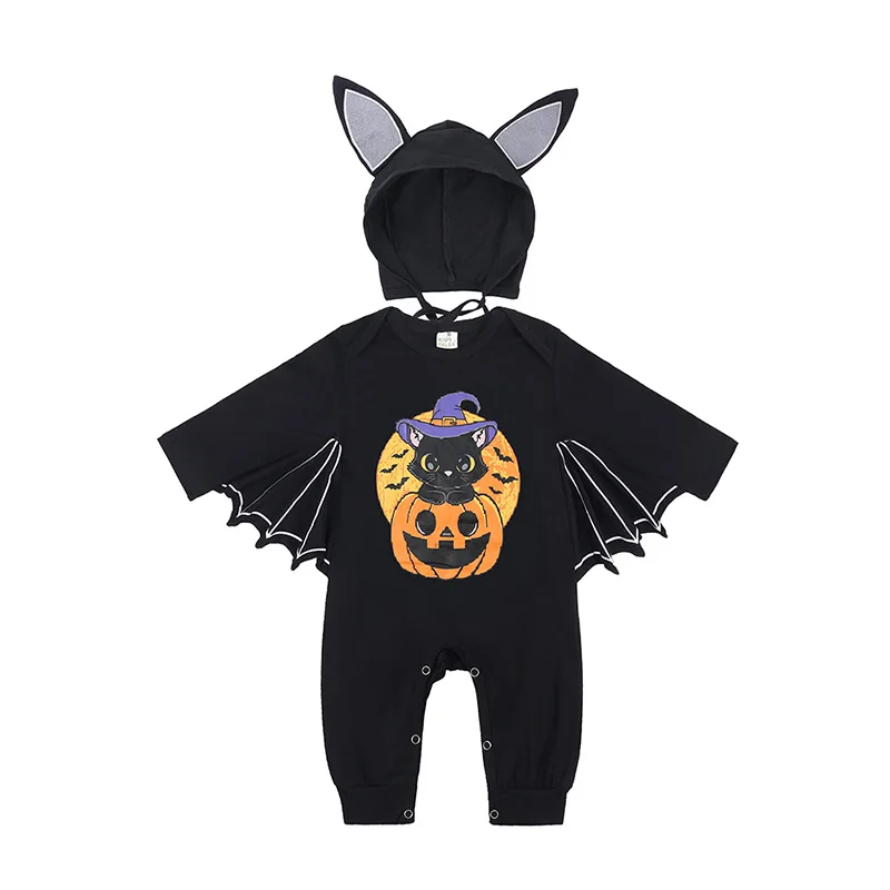 

Umorden 3-24M Infant Baby Boys Girls Halloween Black Bat Costume Cat on Pumpkin Print Outfit Romper Jumpsuit Hat 2pcs Set