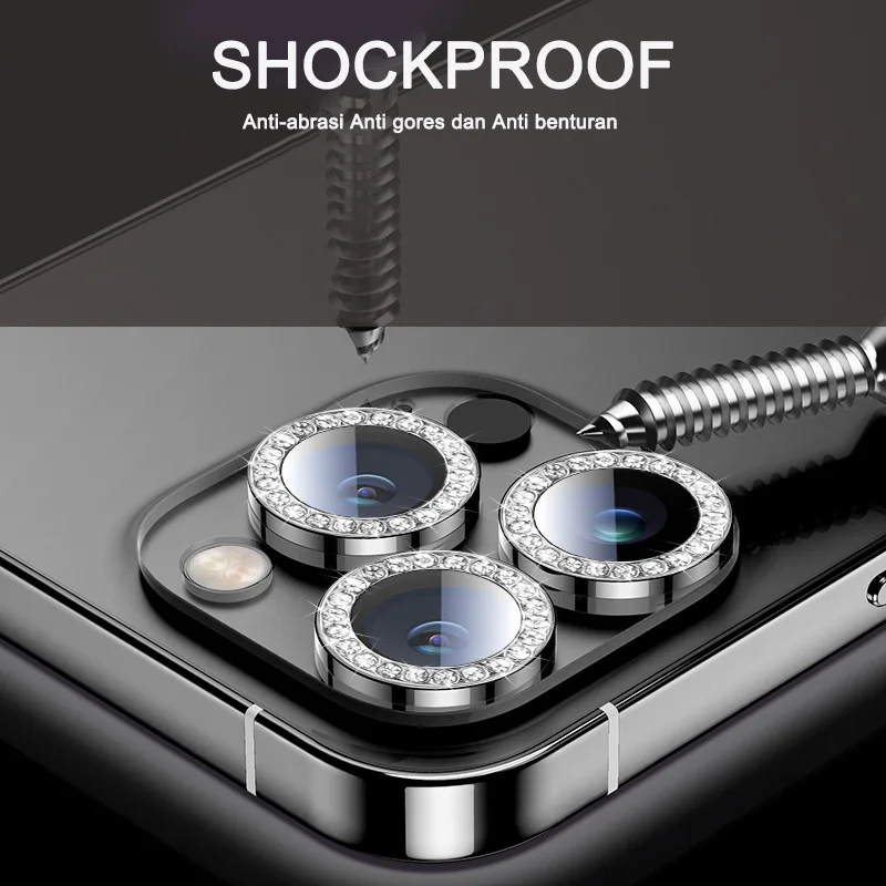 Sparkling Diamond Rhinestone Metal Ring Camera Lens Protector with Tempered Glass - Full Cover