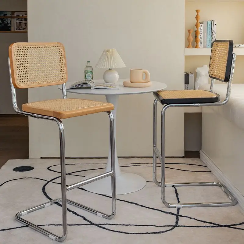 Nordic Solid Wood Rattan Bar Chair Home High Stool Simple Retro Bar Chair Front Desk High Furniture