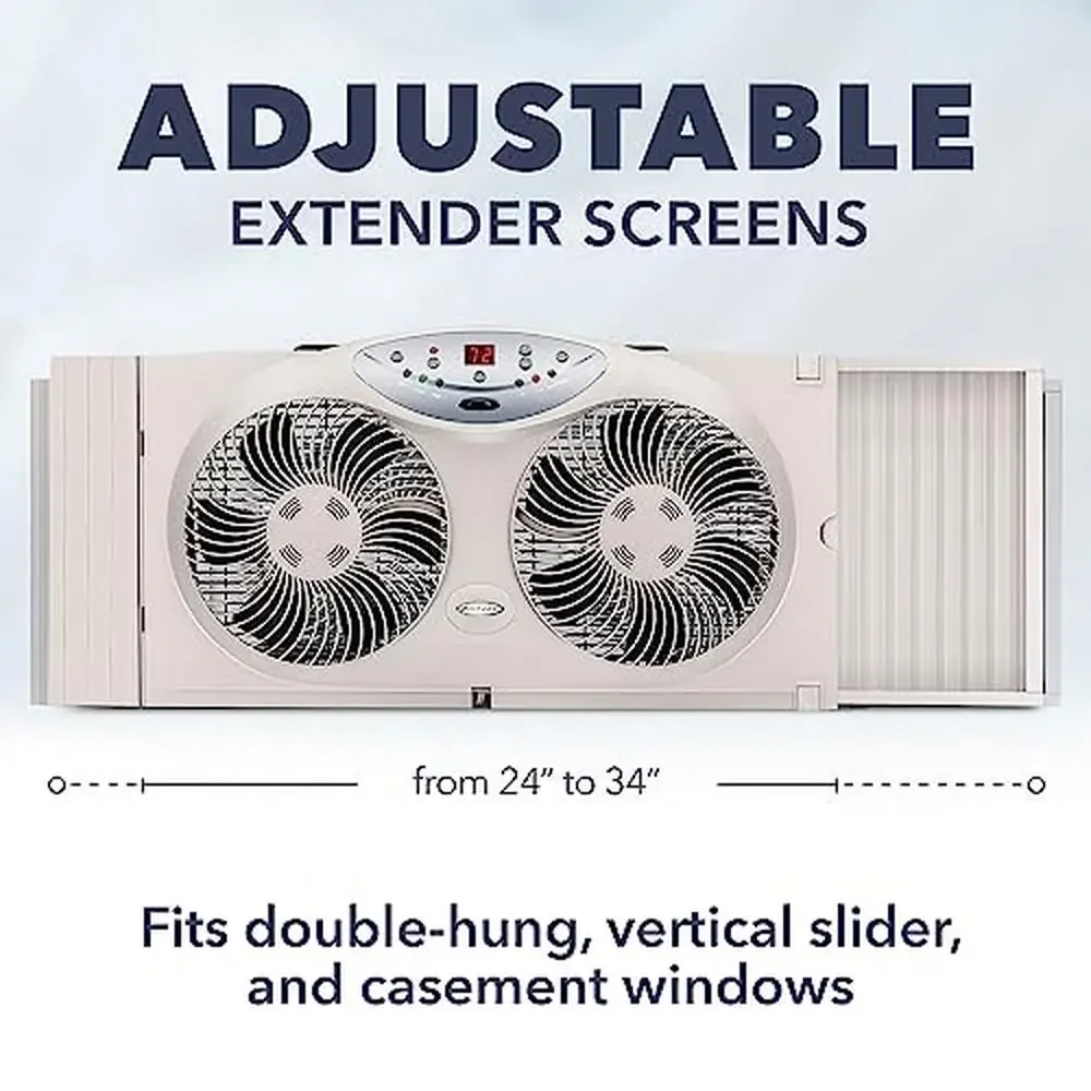 8.5" Twin Window Fan Reversible Airflow 3 Speeds Remote Control Thermo Fit Double Hung Vertical Slider Casement Windows Easy LED 6