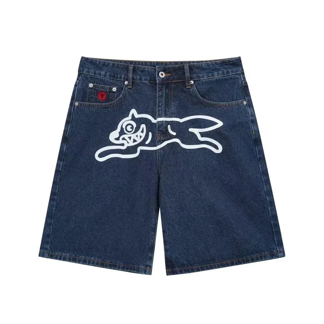 Hip hop Fly Dog print denim shorts men wide leg loose retro jeans Y2k streetwear fashionable shorts Jorts summer new collection