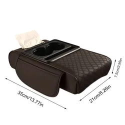 Luxury Auto Armrest Cushion with Dual Cup Holders - Premium PU Leather Pillow Cover (Black)