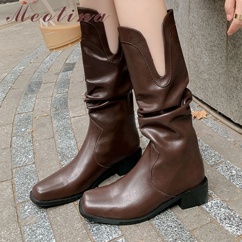 

Meotina Women Genuine Leather Mid Calf Boots Square Toe Thick Mid Heels Pleated Ladies Fashion Shoes Autumn Winter Brown Black