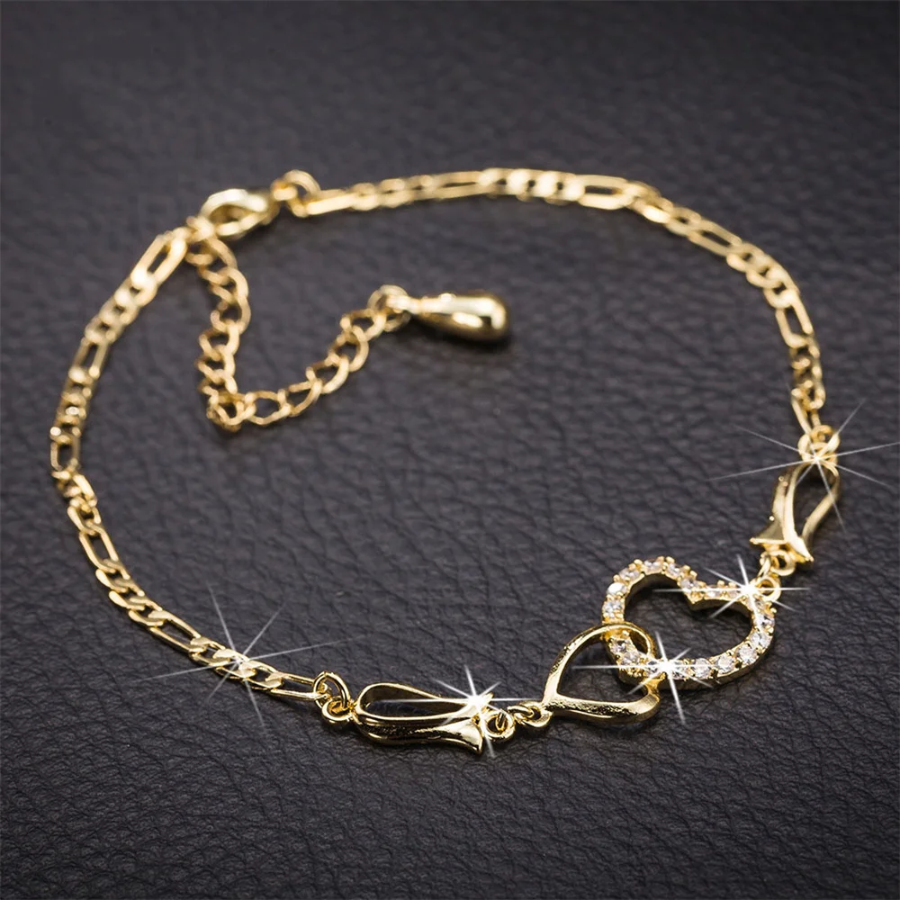 Vintage Hollow Love Heart White Zircon Flower Anklets For Women Gold Color Chain Ankle Bracelet Summer Beach Anklet Boho Jewelry