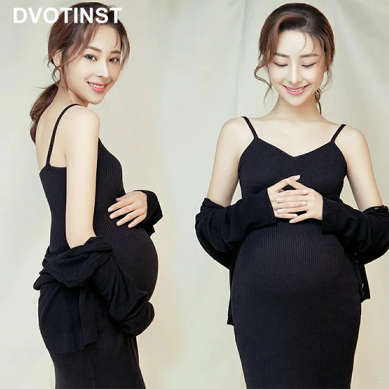 Dvotinst Women Photography Props Maternity V-neck Dresses Pregnancy Elegant Black Dress Cardigans 2pcs Studio Photoshoot Clothes