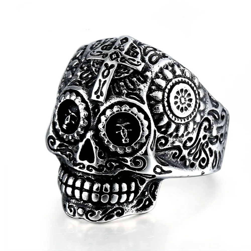Retro Floral Kreuz Schädel Ring für Männer Steampunk Gothic Einstellbare Offenen Ring Biker Schmuck Streetwear Zubehör Unisex Geschenk – Detail 8