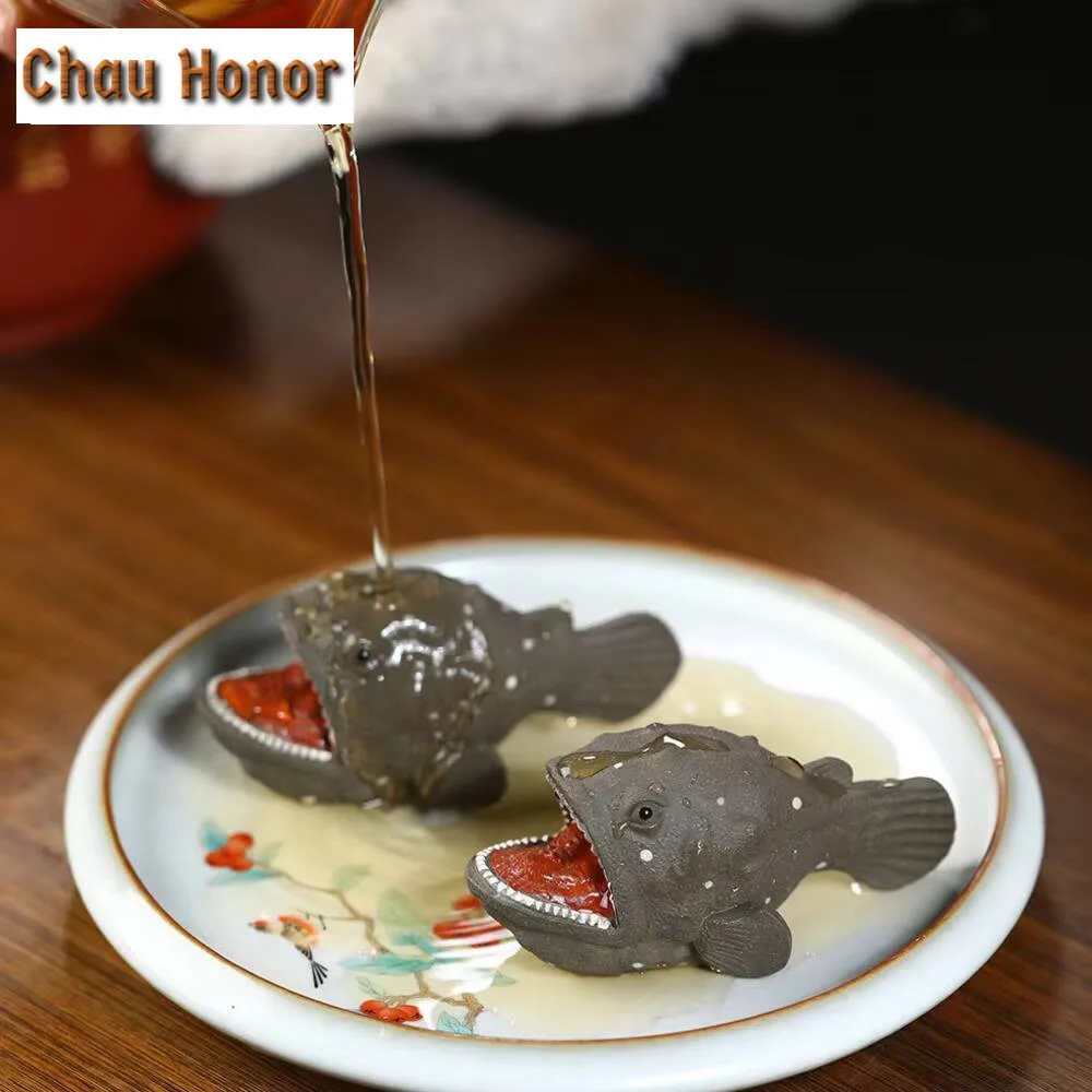 Chinese Yixing Anglerfish Sculpture Purple Clay Tea Pet Shark Statue Ornaments Animal Figurine Craft Handmade Tea Set Decoration