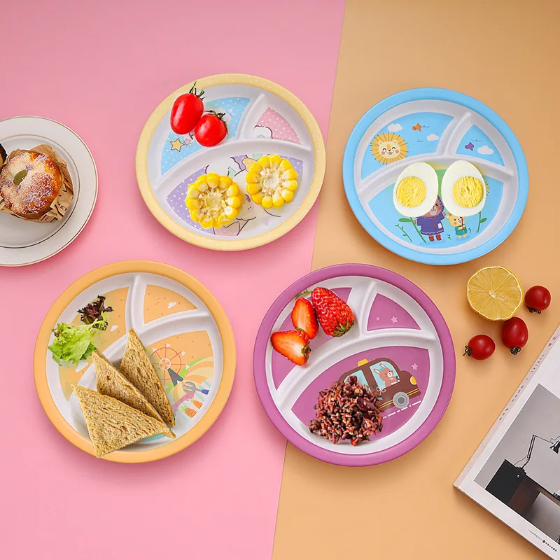 

Cartoon Bamboo Fiber Baby Round Three-grid Supplementary Food Plate Creative Household Kindergarten Children's Eating Plate