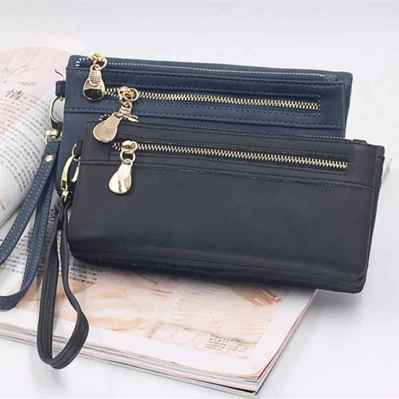 Large Capacity Women's Dull Polish Leather Wallet Double Zipper Clutch Wristlet Purse Phone Coin Card Holder Multi-pocket Wallet 5