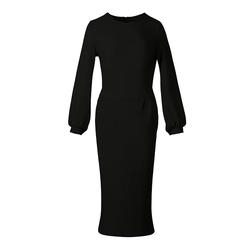 

Autumn Women's Classic O-neck Lantern Sleeve Slim Jacket Oversize High Quality Solid Color Calf Middle Pocket Waist Dress Women