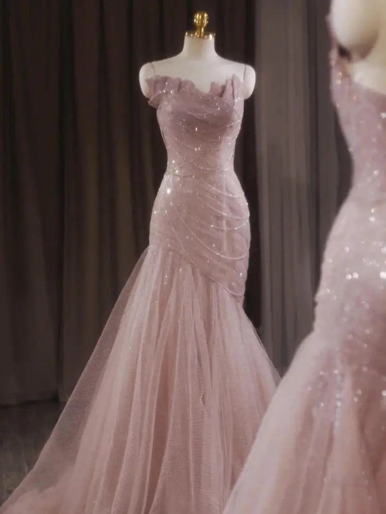 

Rose Pink Evening Dresses Woman Mermaid Pleat Asymmetry Chain Shiny Sequined Long Slim Fairy French Celebrity Prom Party Gowns