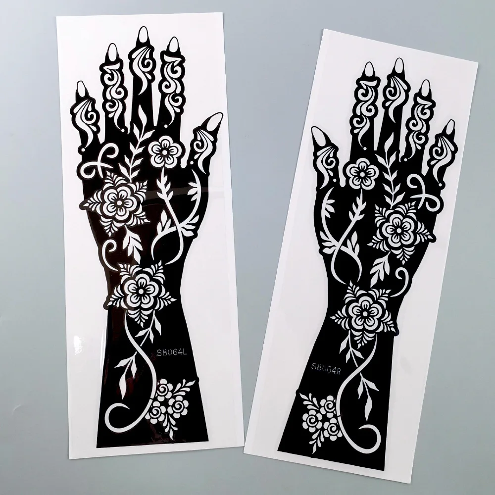 1 Paar Henna-Schablonen für Handfinger, Blumen-Henna-Tattoo-Vorlage für Frauen, Mehndi-Design für Körperbemalung – Detail 4