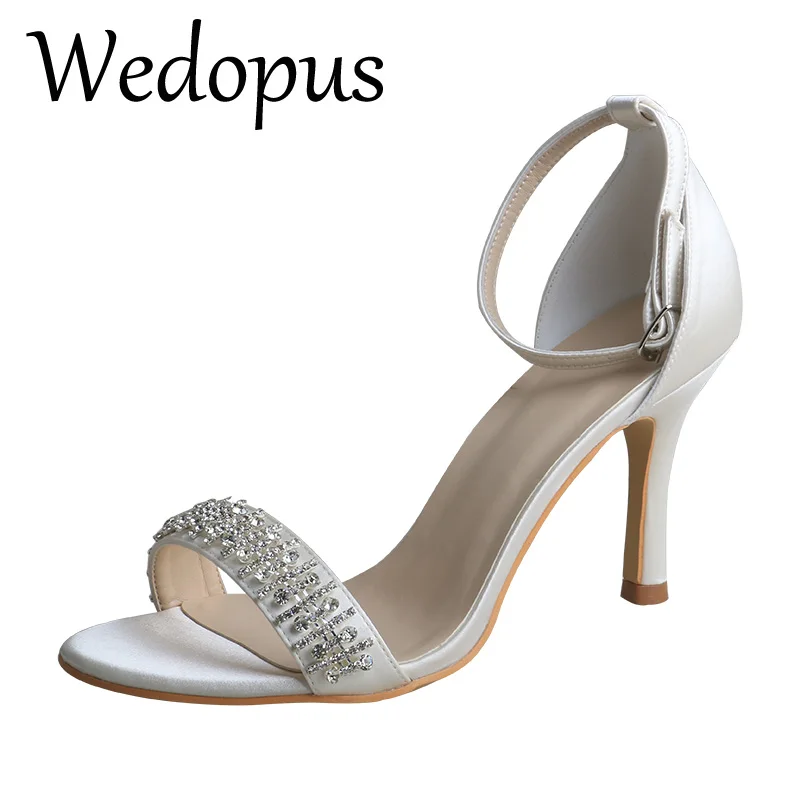 

Wedopus Ivory Satin Bridal Stiletto Heel Sandals Rhinestone Chain 9CM Height