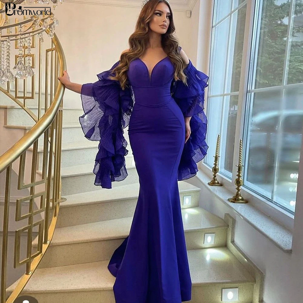 

Mermaid Dubai Arabic Evening Gowns 2024 Ruffles Long Sleeves Sexy V-Neck Women Formal Special Party Gowns Pageant Prom Dress