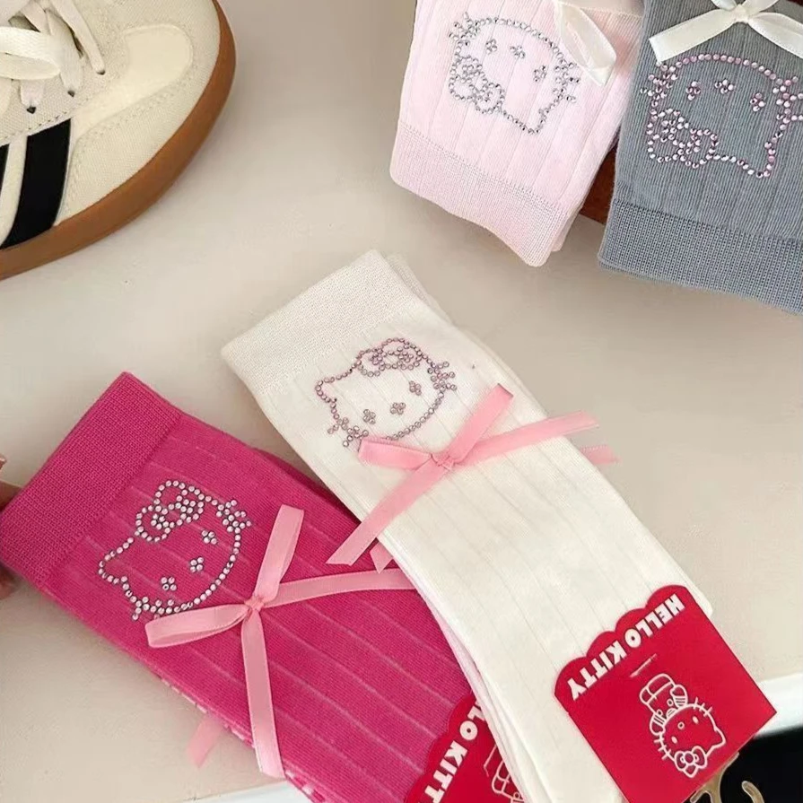 Sanrio Hello Kitty Woman Stockings Cartoon Fashion Girls Rhinestone Bow Cotton Mid Calf Socks JK Lolita Cute Sweet Accessories