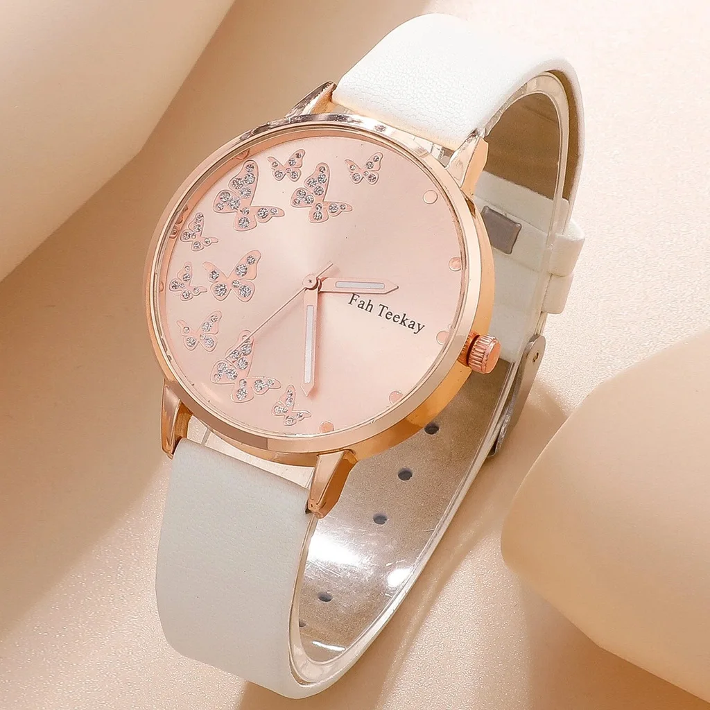 2pcs/set fashion Butterfly pattern rhinestone pu leather women wrist watch 4
