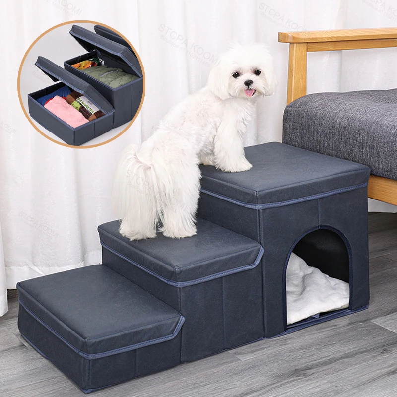 

Dog Stairs Steps with Storage ,Foldable Pet Stairs Steps for High Bed & Couch,Non-Slip Pet Ramp Ladder for Small and Medium Dogs