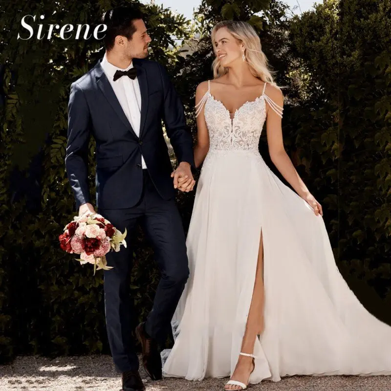 

Sweetheart Wedding Dress A-Line Spaghetti Straps White Lace Applique Chiffon Side Split Backless Bridal Gowns Vestidos De Novia