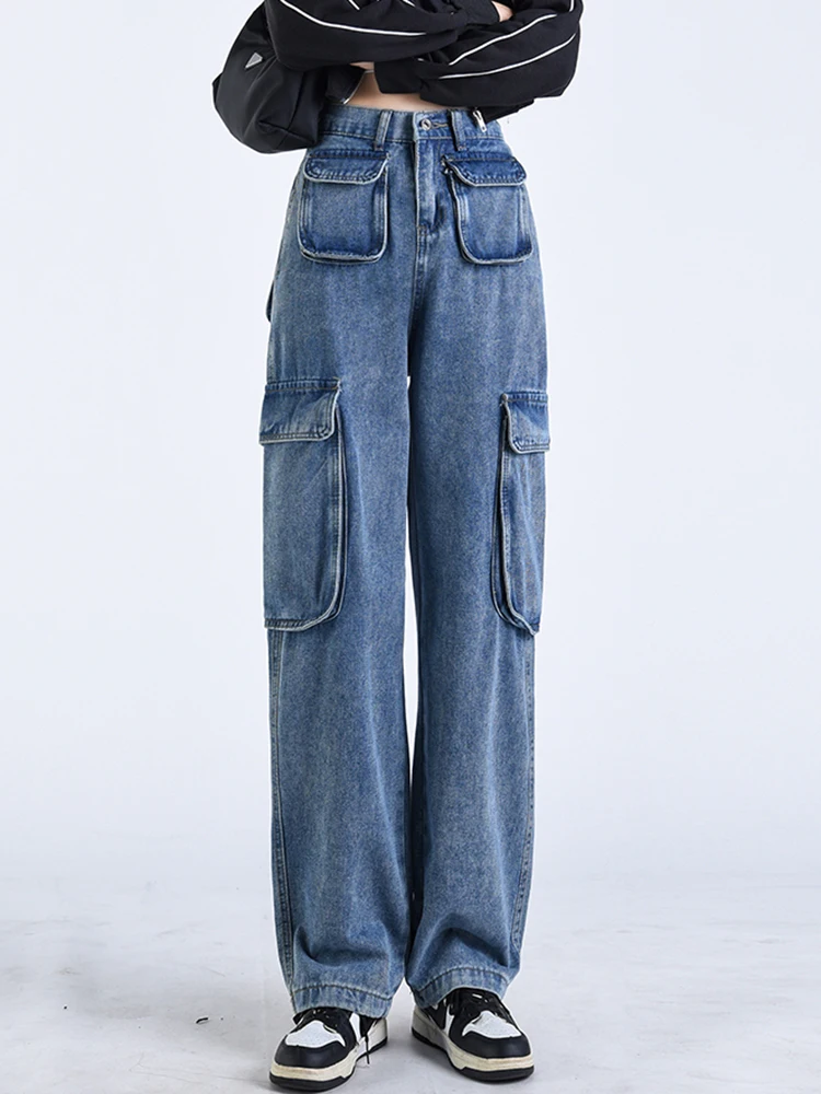 Vintage Pockets High Waist Women Jeans Straight Baggy Denim Pants Harajuku Fashion Streetwear Wide Leg Jean Female Trousers Girl