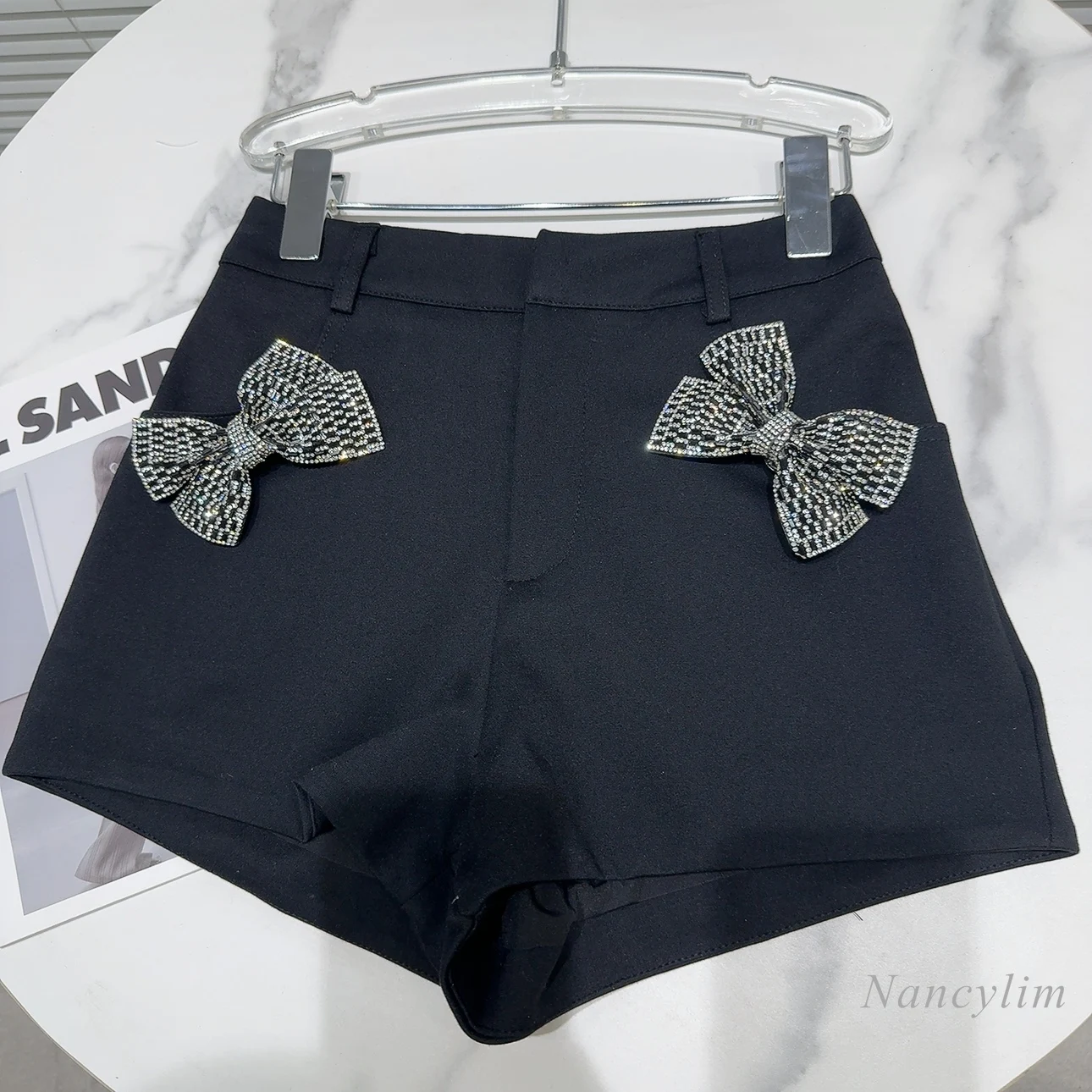 2024 Summer New Hollow Rhinestone Bow Pin Temperament Socialite Slim Fit Short Shorts for Women All-Matching Black Shorts