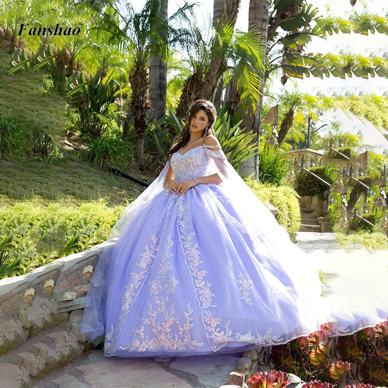 

Fanshao pd256 Cape Ball Gown Princess Quinceanera Dress Appliques Vestidos De 15 Anos Quinceañera Sweet 16 Birthday Party