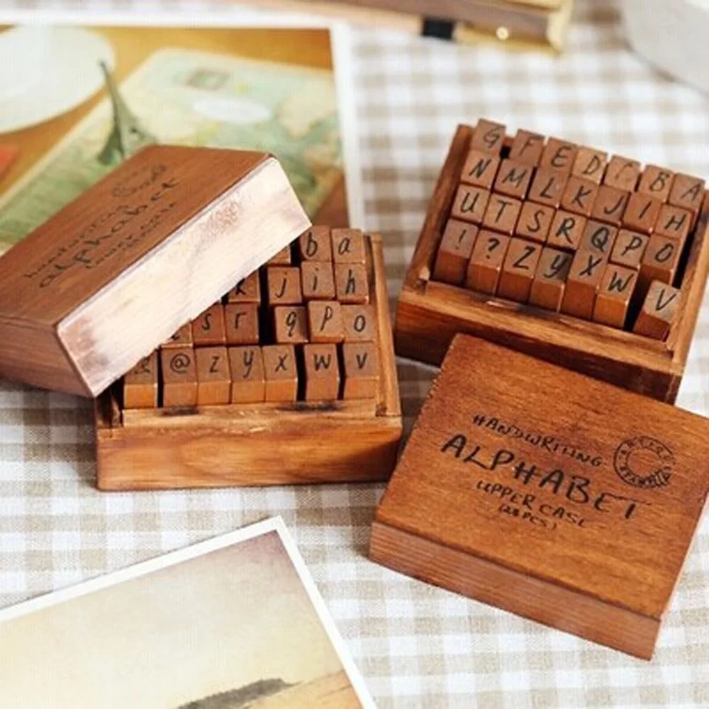 Ensemble de timbres-poste en bois, combinaison de lettres de l'alphabet, pour journal intime, album de mariage, avec boîte en bois Vintage, cadeau, DIY