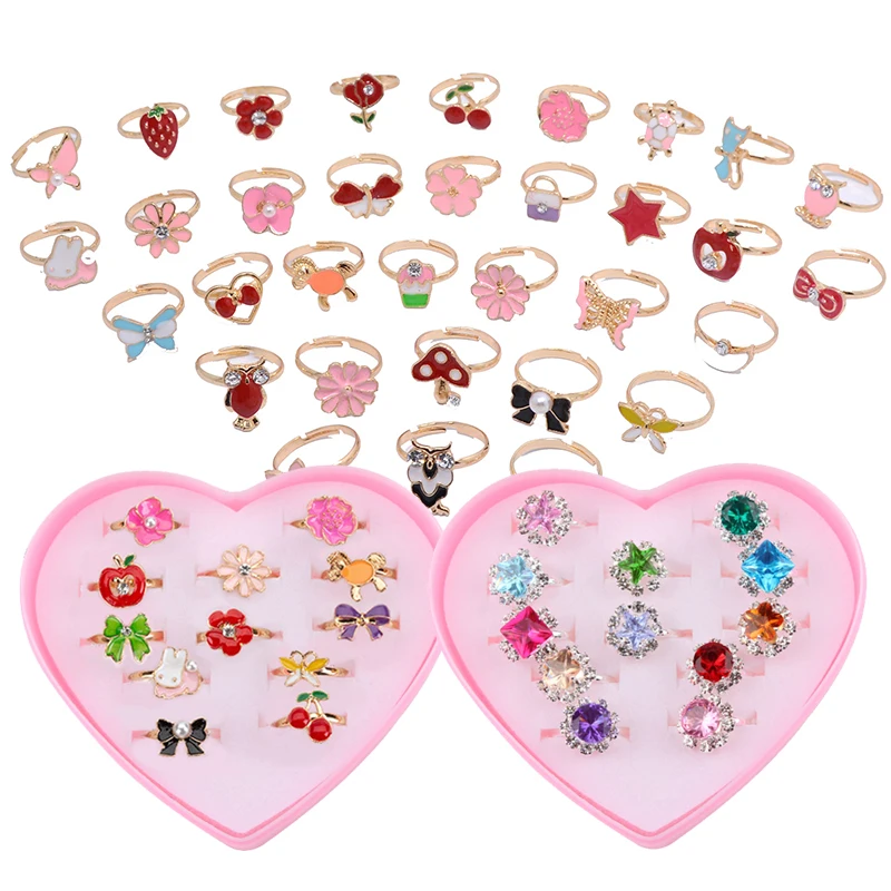 12pcs Children Heart Shaped Box Adjustable Rings for Girls Birthday Gifts